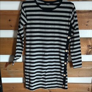Anna Lane Black Striped Long Sleeve Midi Dress Wooden Accent Buttons Size XL